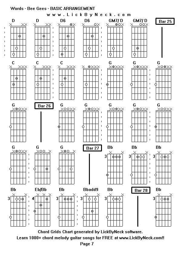 Chord Grids Chart of chord melody fingerstyle guitar song-Words - Bee Gees - BASIC ARRANGEMENT,generated by LickByNeck software.